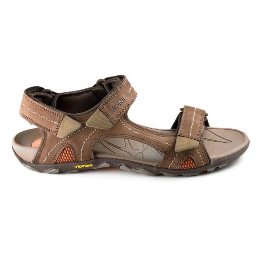 Vionic Boyes Mens Brown Leather Adjustable Strap Sandals Vibram Sole Size 8